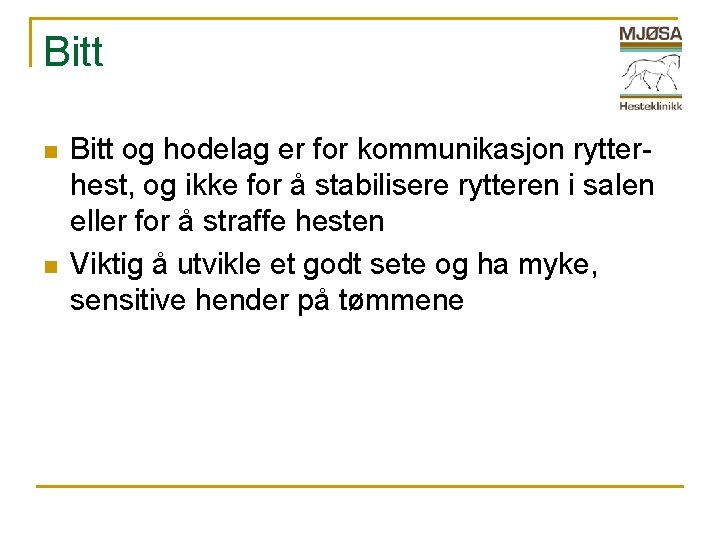 Bitt n n Bitt og hodelag er for kommunikasjon rytterhest, og ikke for å