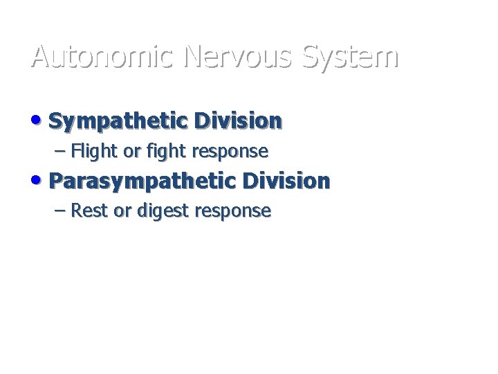 Autonomic Nervous System • Sympathetic Division – Flight or fight response • Parasympathetic Division