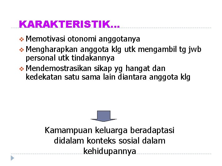 KARAKTERISTIK… v Memotivasi otonomi anggotanya v Mengharapkan anggota klg utk mengambil tg jwb personal