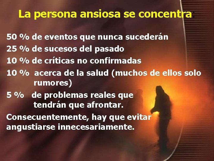 La persona ansiosa se concentra: 50 % de eventos que nunca sucederán 25 % La persona ansiosa se concentra: 50 % de eventos que nunca sucederán 25 %