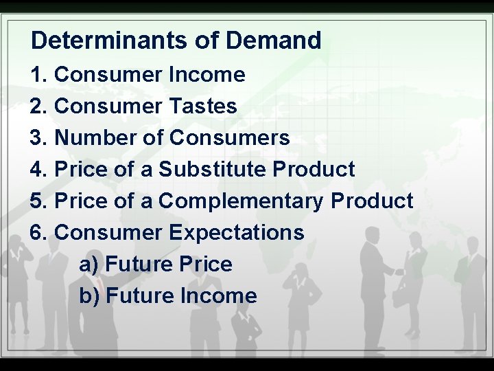 Determinants of Demand 1. Consumer Income 2. Consumer Tastes 3. Number of Consumers 4.