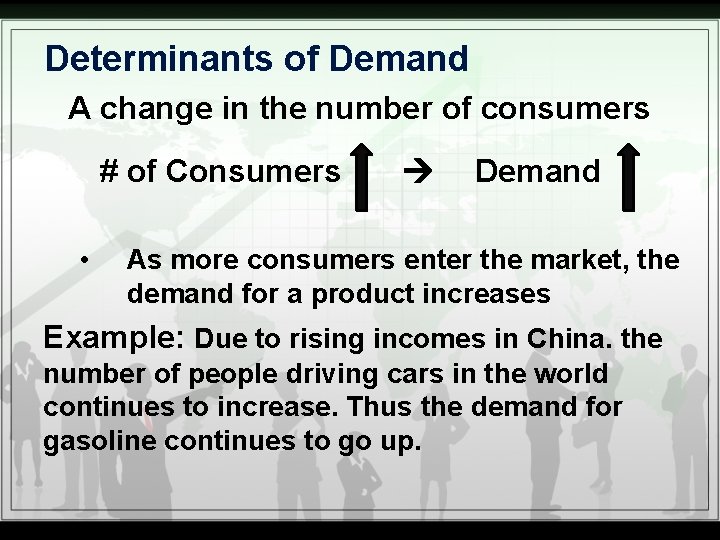 Determinants of Demand A change in the number of consumers # of Consumers •