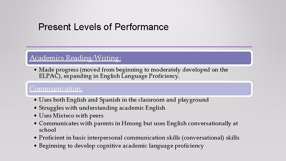 Present Levels of Performance Academics Reading/Writing: • Made progress (moved from beginning to moderately