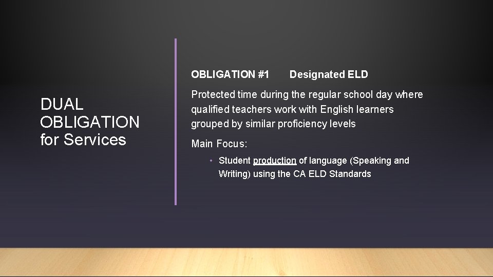 OBLIGATION #1 DUAL OBLIGATION for Services Designated ELD Protected time during the regular school
