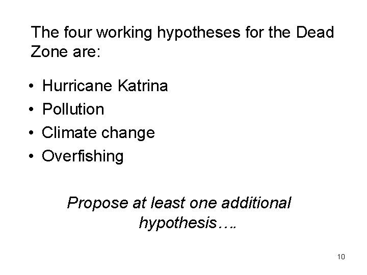 The four working hypotheses for the Dead Zone are: • • Hurricane Katrina Pollution