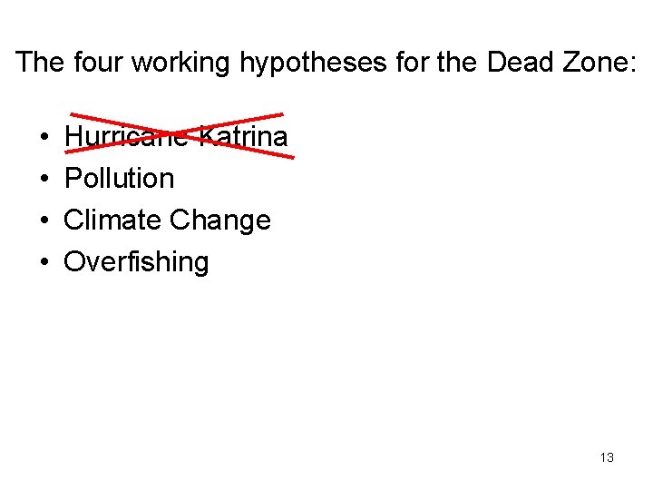 The four working hypotheses for the Dead Zone: • • Hurricane Katrina Pollution Climate