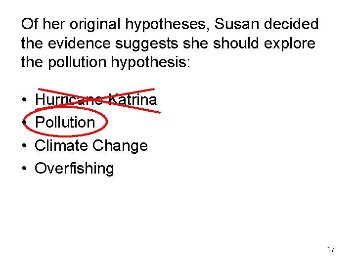 Of her original hypotheses, Susan decided the evidence suggests she should explore the pollution