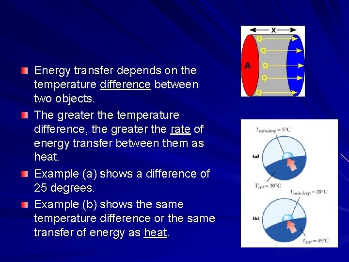 Energy transfer depends on the temperature difference between two objects. The greater the temperature