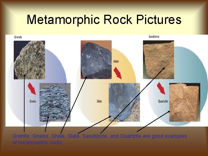 Metamorphic Rock Pictures Granite, Gneiss, Shale, Slate, Sandstone, and Quartzite are good examples of Metamorphic Rock Pictures Granite, Gneiss, Shale, Slate, Sandstone, and Quartzite are good examples of