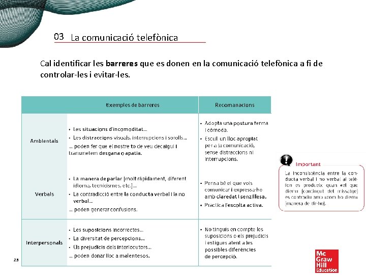 03 La comunicació telefònica Cal identificar les barreres que es donen en la comunicació