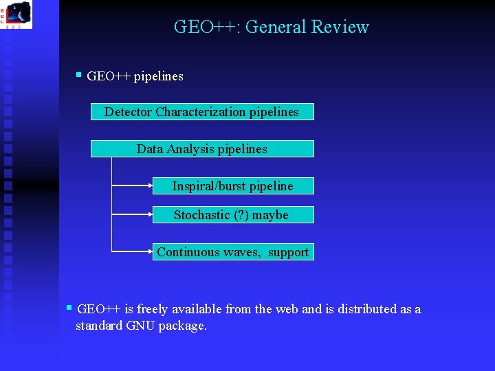 GEO++: General Review § GEO++ pipelines Detector Characterization pipelines Data Analysis pipelines Inspiral/burst pipeline GEO++: General Review § GEO++ pipelines Detector Characterization pipelines Data Analysis pipelines Inspiral/burst pipeline