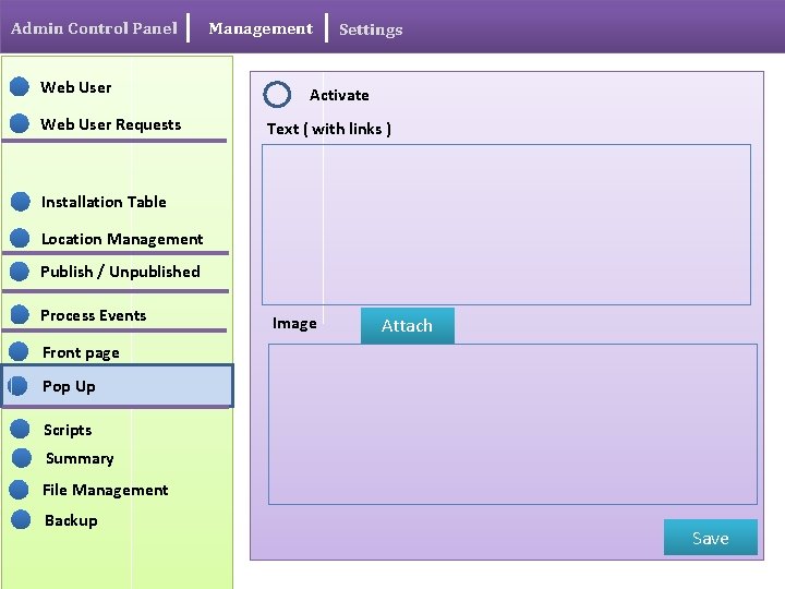 Admin Control Panel Web User Requests Management Settings Activate Text ( with links )