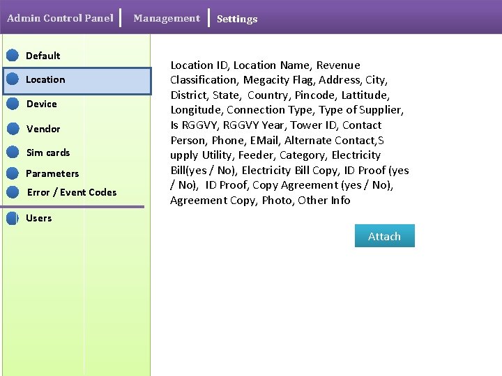 Admin Control Panel Default Location Device Vendor Sim cards Parameters Error / Event Codes