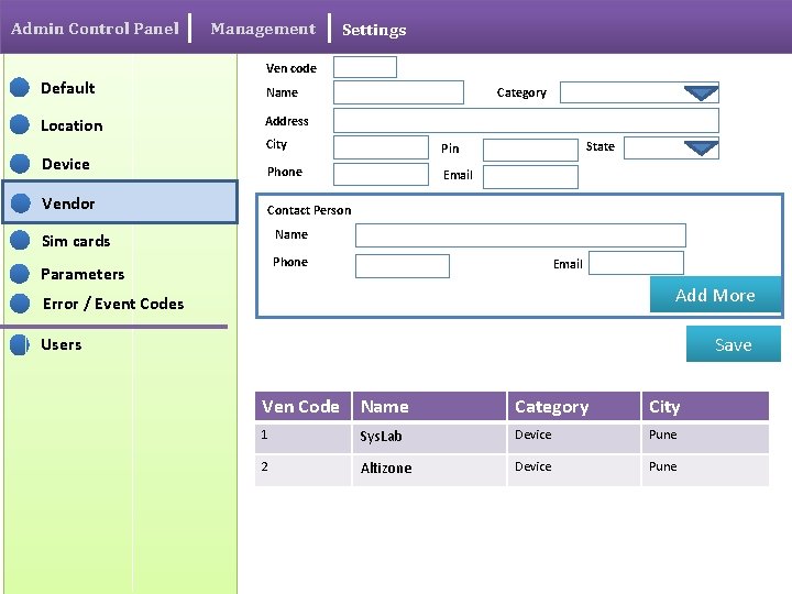 Admin Control Panel Management Settings Ven code Default Name Location Address Category City Device