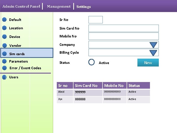 Admin Control Panel Management Settings Default Sr No Location Sim Card No Device Mobile