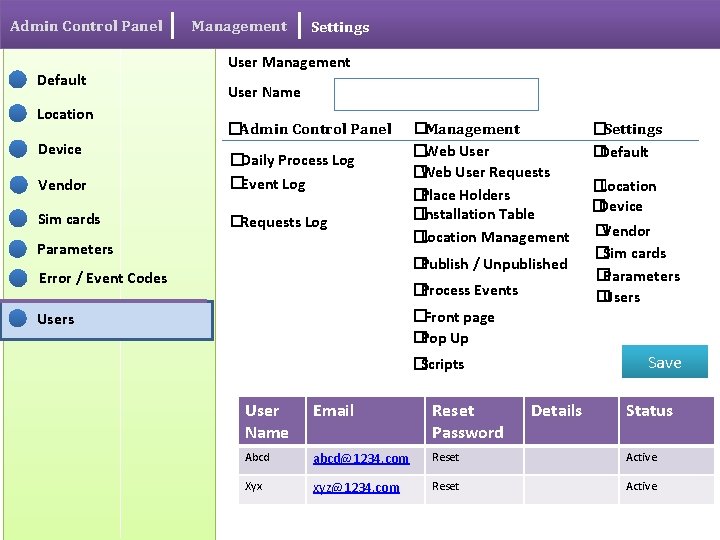 Admin Control Panel Default Location Device Management Settings User Management User Name �Admin Control