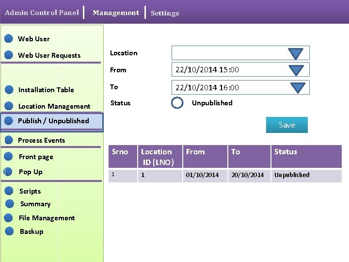 Admin Control Panel Management Settings Web User Requests Location From 22/10/2014 15: 00 Installation