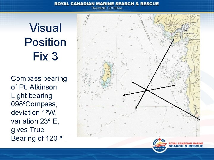 Visual Position Fix 3 Compass bearing of Pt. Atkinson Light bearing 098ºCompass, deviation 1ºW,