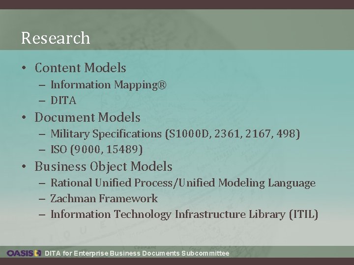 Research • Content Models – Information Mapping® – DITA • Document Models – Military Research • Content Models – Information Mapping® – DITA • Document Models – Military