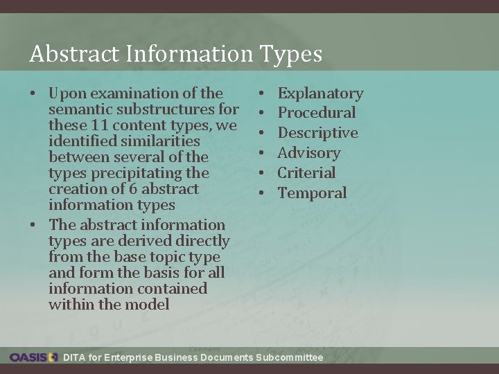 Abstract Information Types • Upon examination of the semantic substructures for these 11 content Abstract Information Types • Upon examination of the semantic substructures for these 11 content