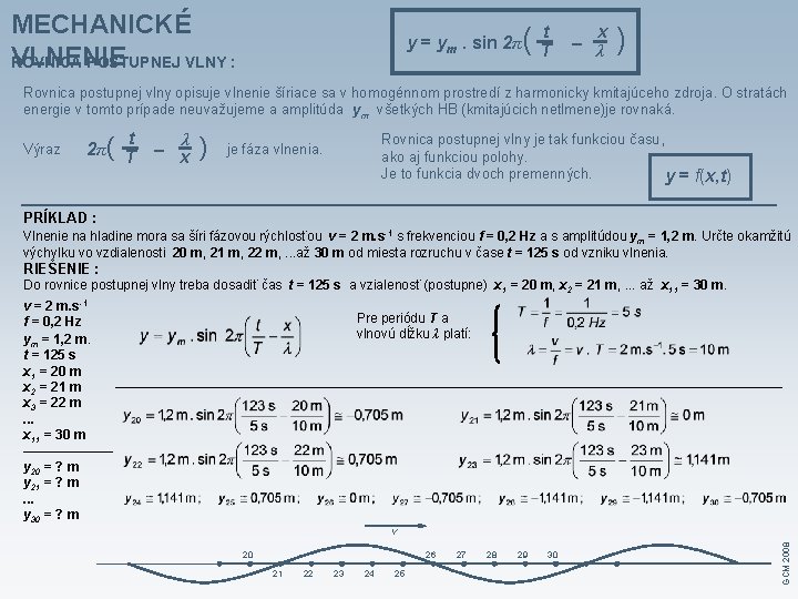 MECHANICKÉ VLNENIE ROVNICA POSTUPNEJ VLNY : y = ym. sin 2π ( Tt x