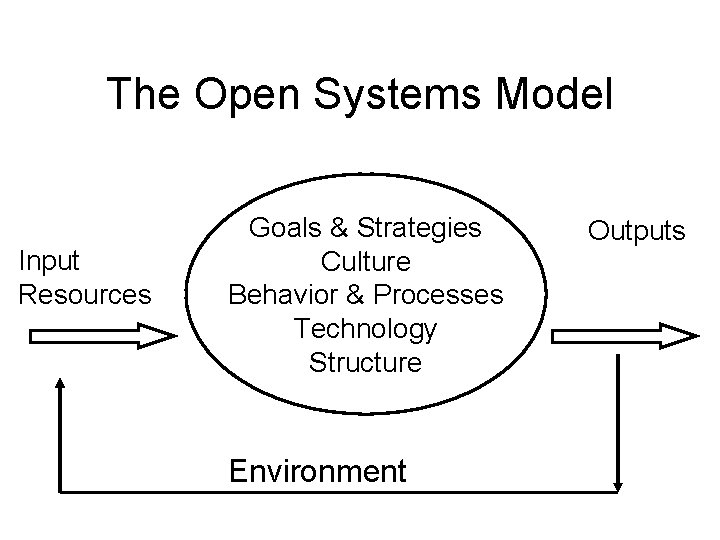 The Open Systems Model Input Resources Goals & Strategies Culture Behavior & Processes Technology