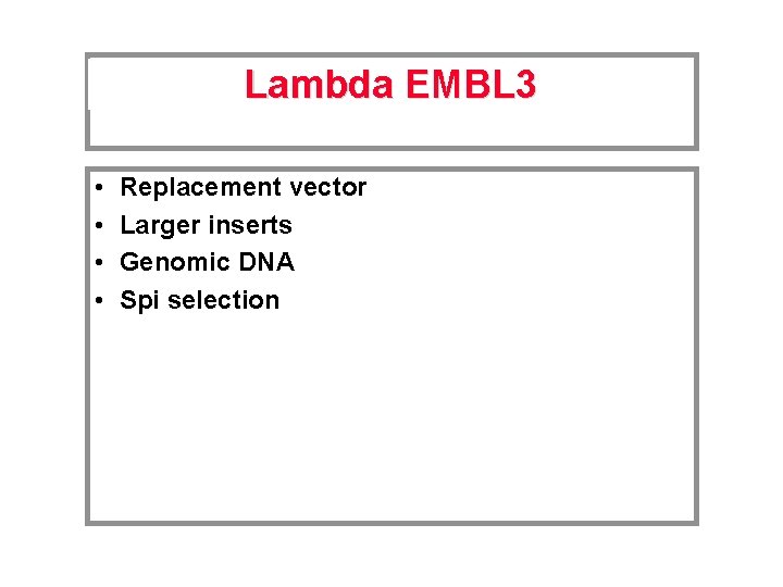 Lambda EMBL 3 • • Replacement vector Larger inserts Genomic DNA Spi selection 