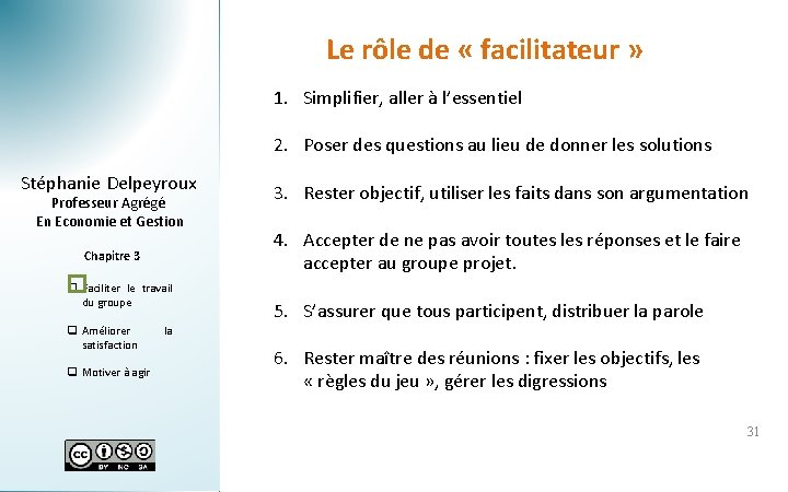 Le rôle de « facilitateur » 1. Simplifier, aller à l’essentiel 2. Poser des