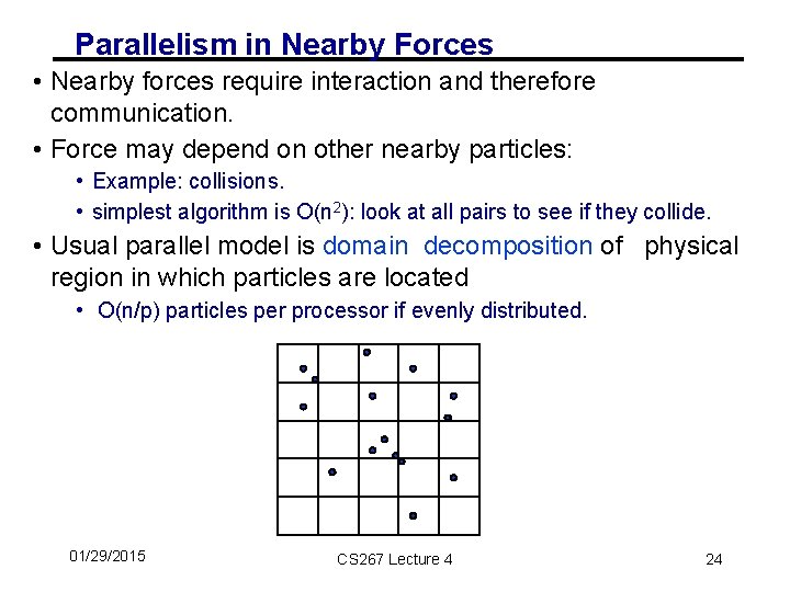 Parallelism in Nearby Forces • Nearby forces require interaction and therefore communication. • Force