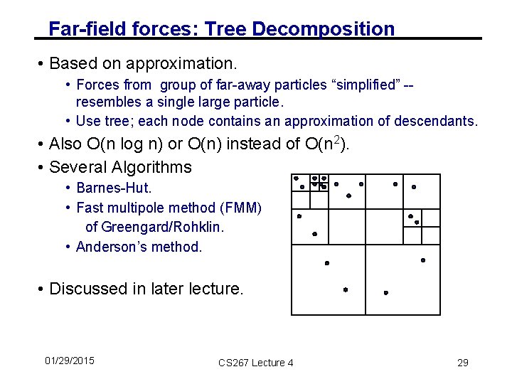 Far-field forces: Tree Decomposition • Based on approximation. • Forces from group of far-away