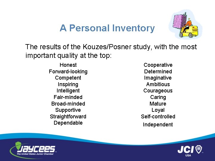 A Personal Inventory The results of the Kouzes/Posner study, with the most important quality