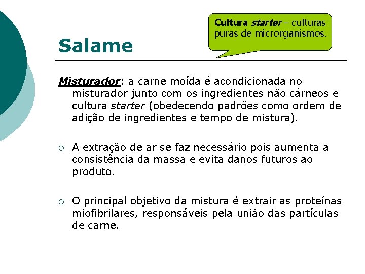 Salame Cultura starter – culturas puras de microrganismos. Misturador: a carne moída é acondicionada