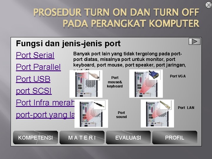 PROSEDUR TURN ON DAN TURN OFF PADA PERANGKAT KOMPUTER Fungsi dan jenis-jenis port Banyak