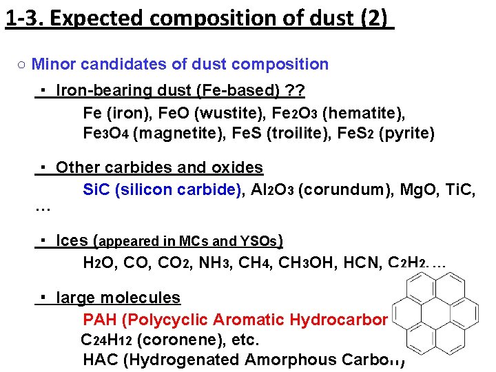 1 -3. Expected composition of dust (2) ○ Minor candidates of dust composition ・