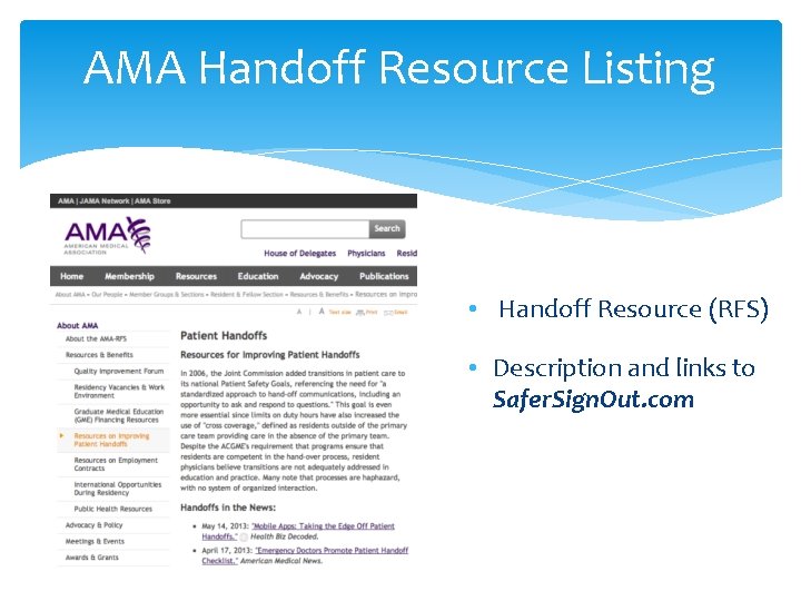 AMA Handoff Resource Listing • Handoff Resource (RFS) • Description and links to Safer.
