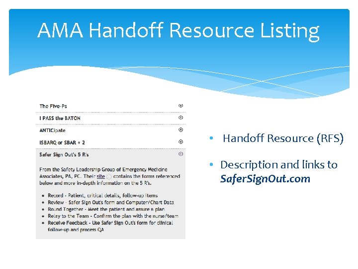 AMA Handoff Resource Listing • Handoff Resource (RFS) • Description and links to Safer.