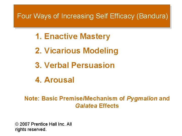 Four Ways of Increasing Self Efficacy (Bandura) 1. Enactive Mastery 2. Vicarious Modeling 3.