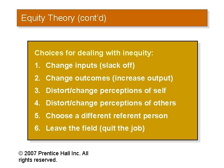 Equity Theory (cont’d) Choices for dealing with inequity: 1. Change inputs (slack off) 2.