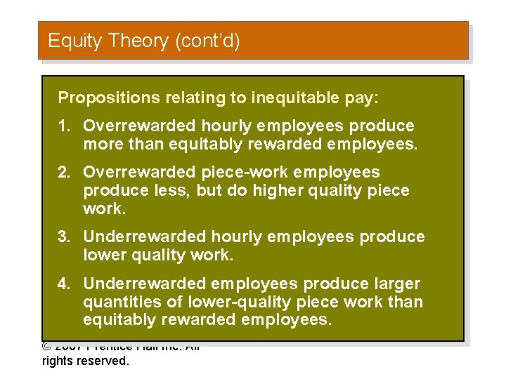 Equity Theory (cont’d) Propositions relating to inequitable pay: 1. Overrewarded hourly employees produce more