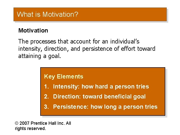 What is Motivation? Motivation The processes that account for an individual’s intensity, direction, and