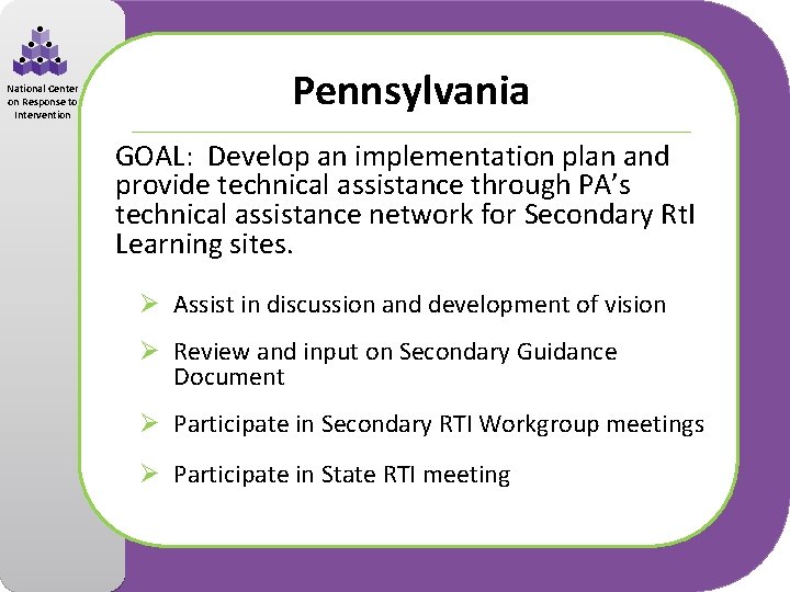 National Center on Response to Intervention Pennsylvania GOAL: Develop an implementation plan and provide