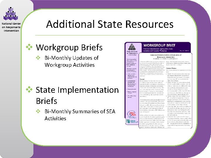 National Center on Response to Intervention Additional State Resources v Workgroup Briefs v Bi-Monthly
