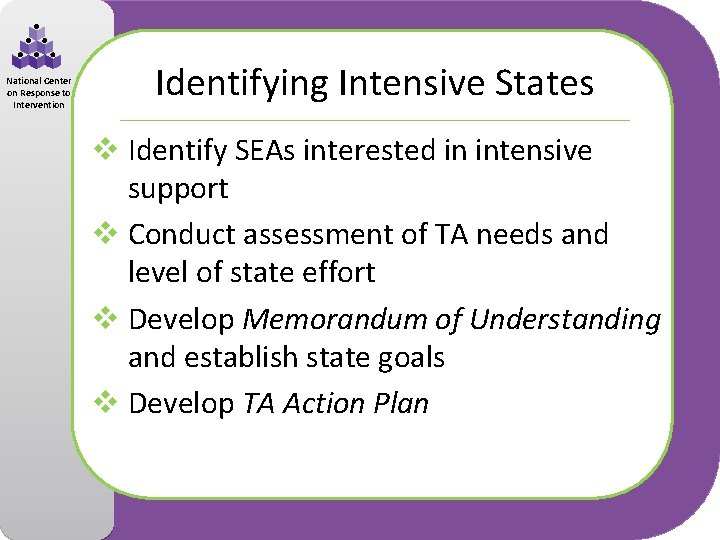 National Center on Response to Intervention Identifying Intensive States v Identify SEAs interested in