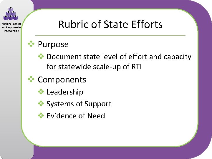 National Center on Response to Intervention Rubric of State Efforts v Purpose v Document