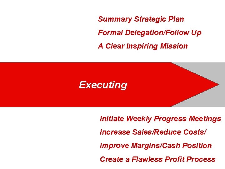 Summary Strategic Plan Formal Delegation/Follow Up A Clear Inspiring Mission Executing Initiate Weekly Progress