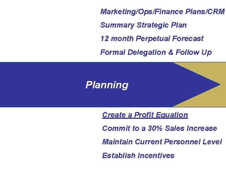 Marketing/Ops/Finance Plans/CRM Summary Strategic Plan 12 month Perpetual Forecast Formal Delegation & Follow Up