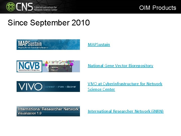 OIM Products Since September 2010 MAPSustain National Gene Vector Biorepository VIVO at Cyberinfrastructure for OIM Products Since September 2010 MAPSustain National Gene Vector Biorepository VIVO at Cyberinfrastructure for
