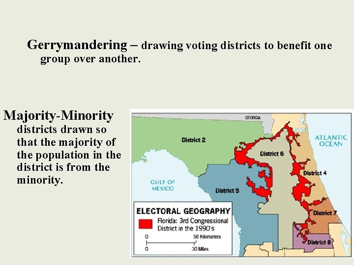 Gerrymandering – drawing voting districts to benefit one group over another. Majority-Minority districts drawn