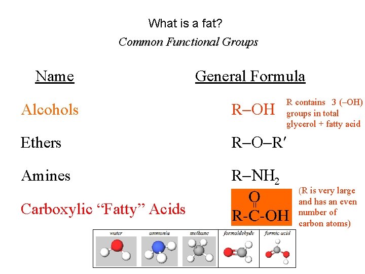 What is a fat? Common Functional Groups Name General Formula R contains 3 (–OH)