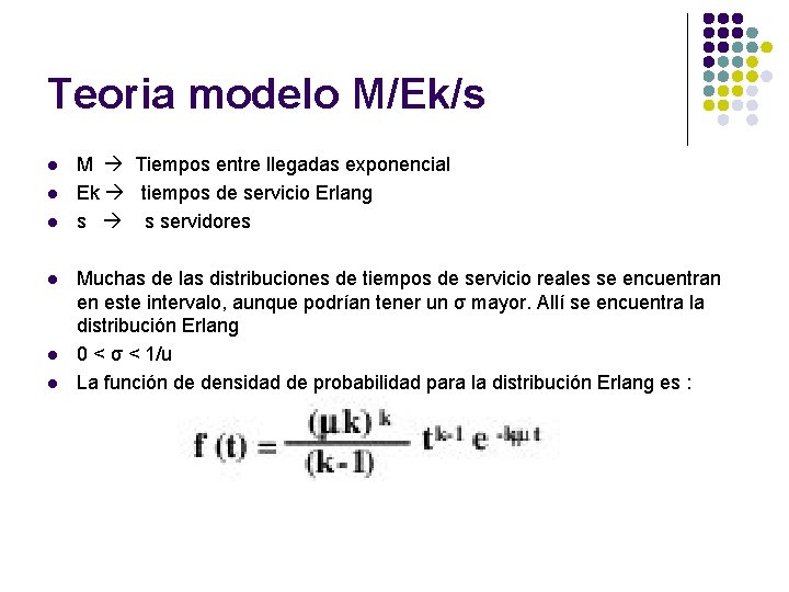 Teoria modelo M/Ek/s l l l M Tiempos entre llegadas exponencial Ek tiempos de